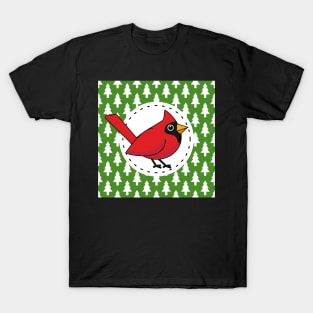 Cartoon Red Cardinal on Green White Pines Pattern T-Shirt